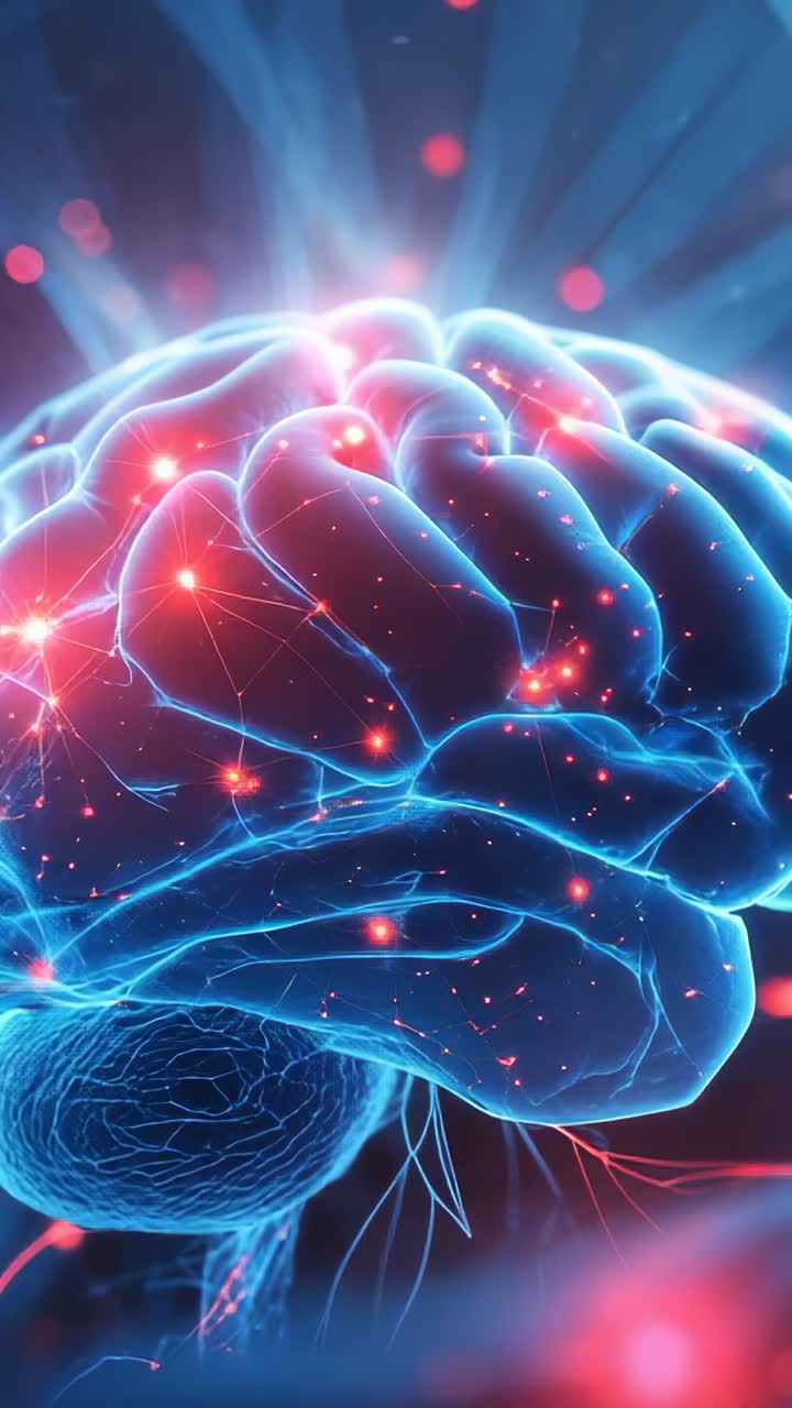 Vertical video: Receiving pulse, glowing 3D brain pulsing red nodes along lit paths in darkness