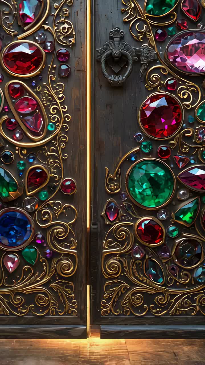 Vertical video: Glowing seam causing gemmed wooden doors opening at ornate entry, showing warm glow
