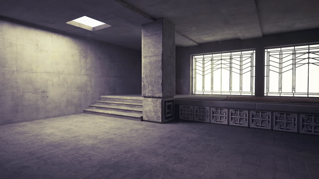 Bare exhibition venue with concrete walls and subtle acoustic ambiance