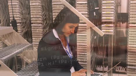 animation of data processing over biracial female it technician and computer servers