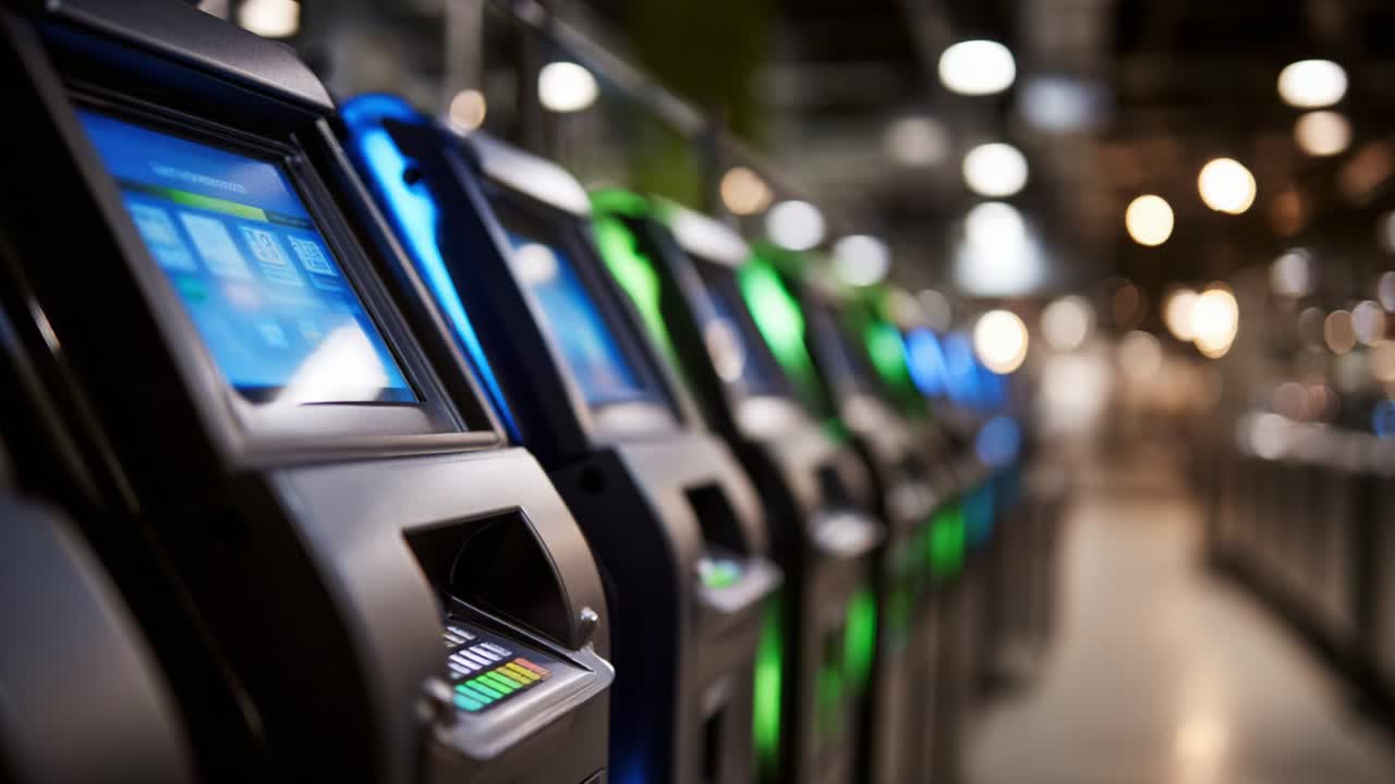 Una serie di sportelli automatici in un ambiente moderno, che ne mette in mostra il design elegante e le interfacce illuminate, perfetti per gestire transazioni finanziarie in modo efficiente e sicuro