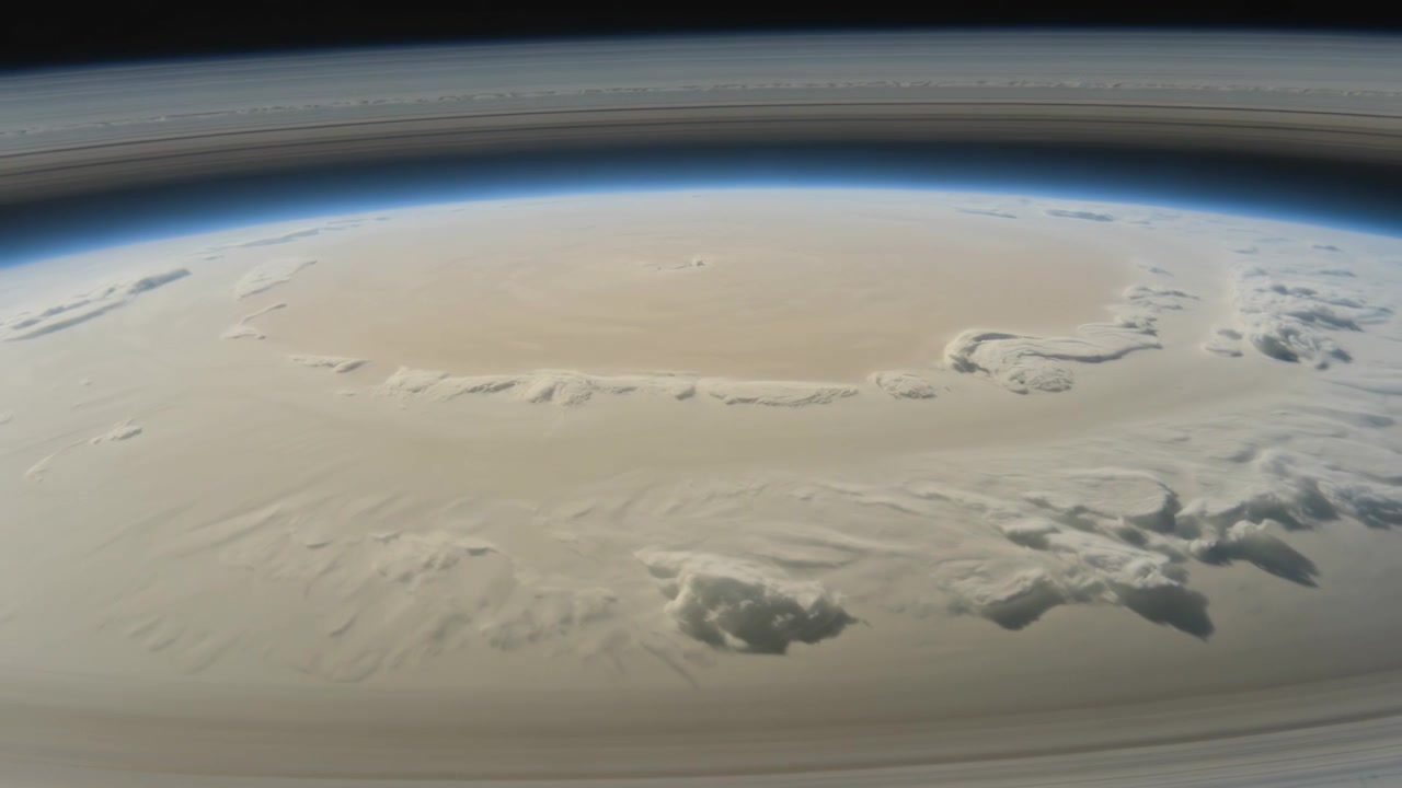 Telecamera di un veicolo spaziale che esegue una panoramica muovendosi in orbita sopra un cratere sabbioso, rivelando il bordo e il lembo atmosferico