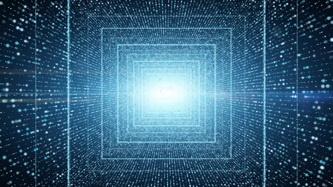 infinito túnel cuadrado azul claro de partículas de puntos brillantes. fondo de la tecnología cibernética.