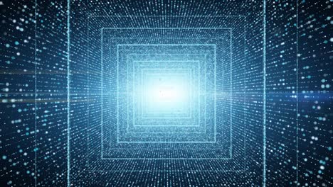 oneindige lichtblauwe vierkante tunnel van gloeiende puntjes deeltje. cyber technologie achtergrond.