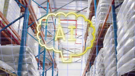 ai text inside brain shape over warehouse shelves with stacked goods