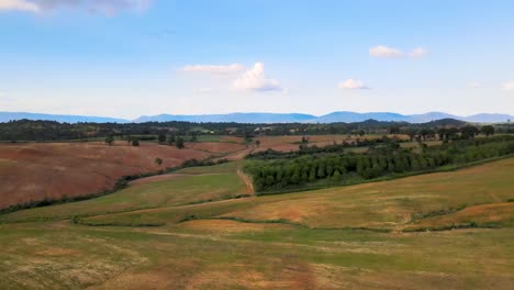 4k drone flying over landscape, fields and woodlands in thailand on a sunny day with blue skies