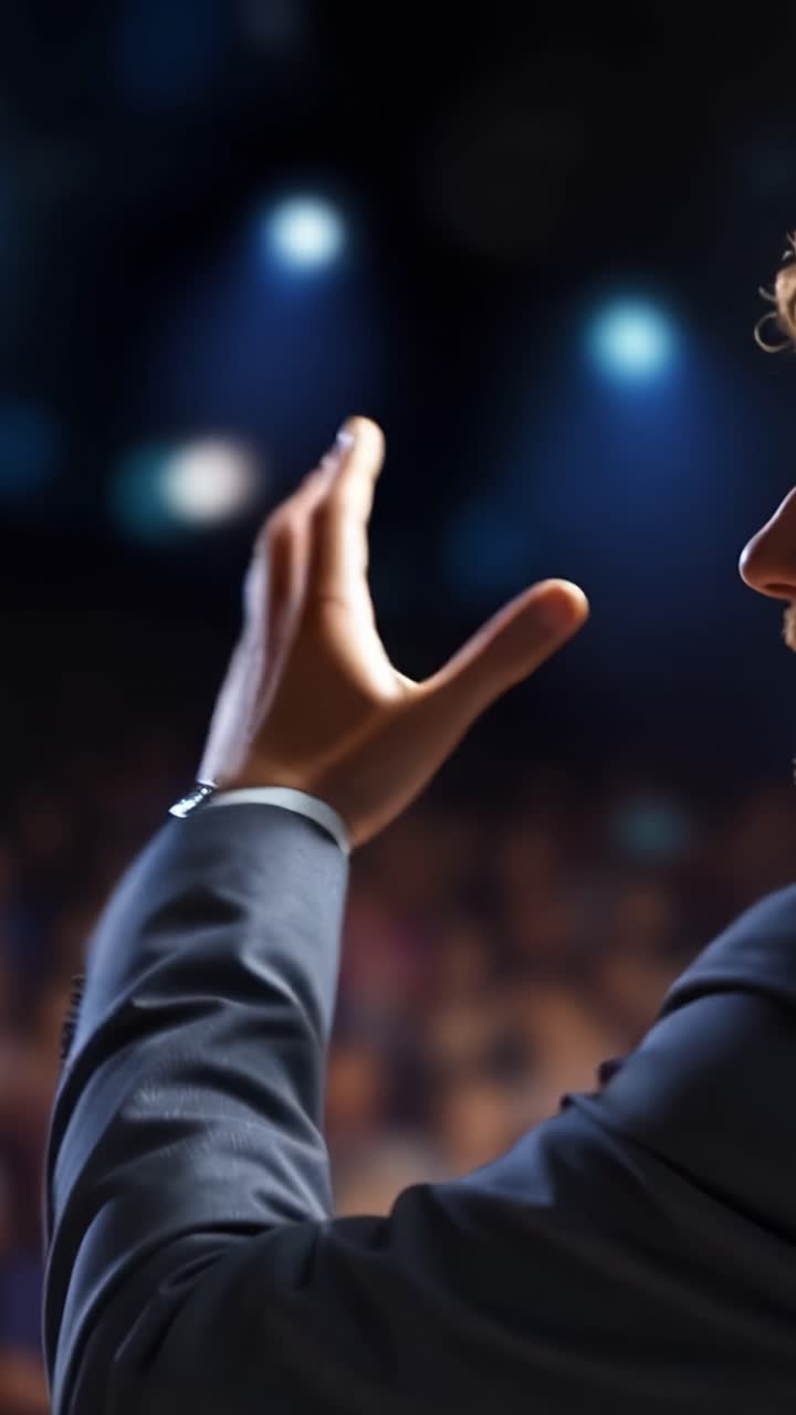 Un Relatore che Coinvolge il Pubblico con Entusiasmo e Passione Durante una Presentazione Professionale sul Palco con uno Sfondo Affollato di Partecipanti Desiderosi