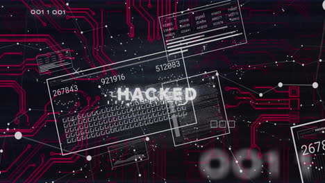 animación de texto hackeado sobre el procesamiento de datos en pantallas de interfaz sobre el cielo nocturno