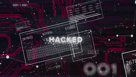 animation of hacked text over processing data on interface screens over night sky