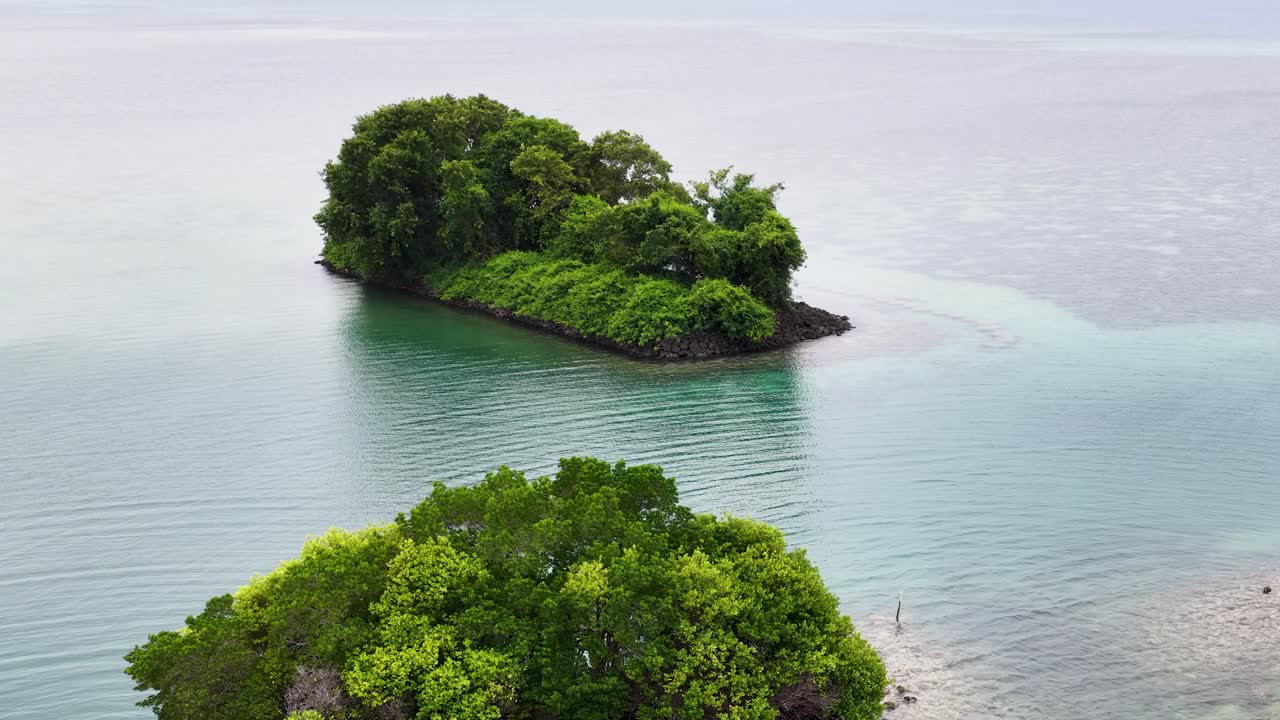 Drohnenaufnahme zeigt grüne Kalksteininseln umgeben von türkisfarbenem Wasser und Korallenriffen in Palau.