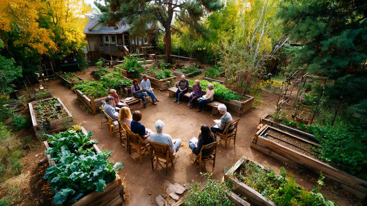 Gathering in a Thriving Community Garden: A Group of Individuals Engaged in Discussion Amidst Lush Greenery and Raised Garden Beds in a Serene Outdoor Setting