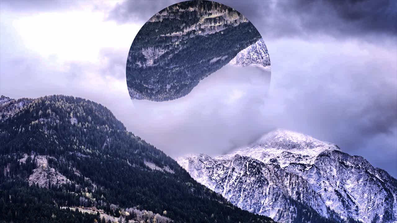 Mountainous landscape with a snowy peak and a circular cutout in the sky revealing a forest