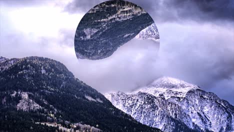 mountainous landscape with a snowy peak and a circular cutout in the sky revealing a forest