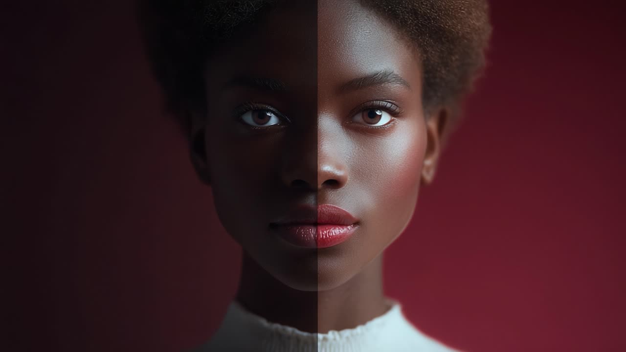 A Stunning Portrait Featuring a Woman with Striking Features and Contrasting Tones, Capturing the Depth of Emotions and Beauty Through Subtle Lighting and Color Accents