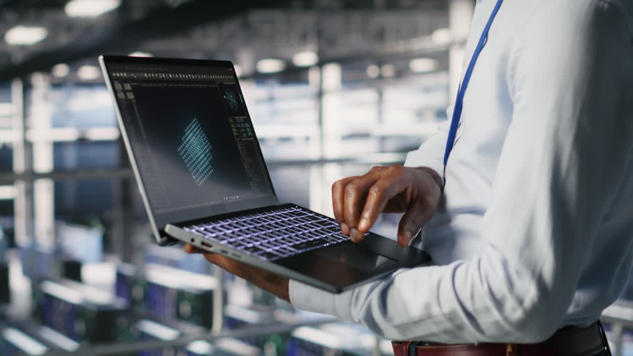 Server hub coworkers visualizing AI large language model using notebook