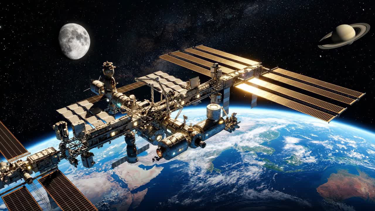 International Space Station Orbiting Earth with Moon and Saturn