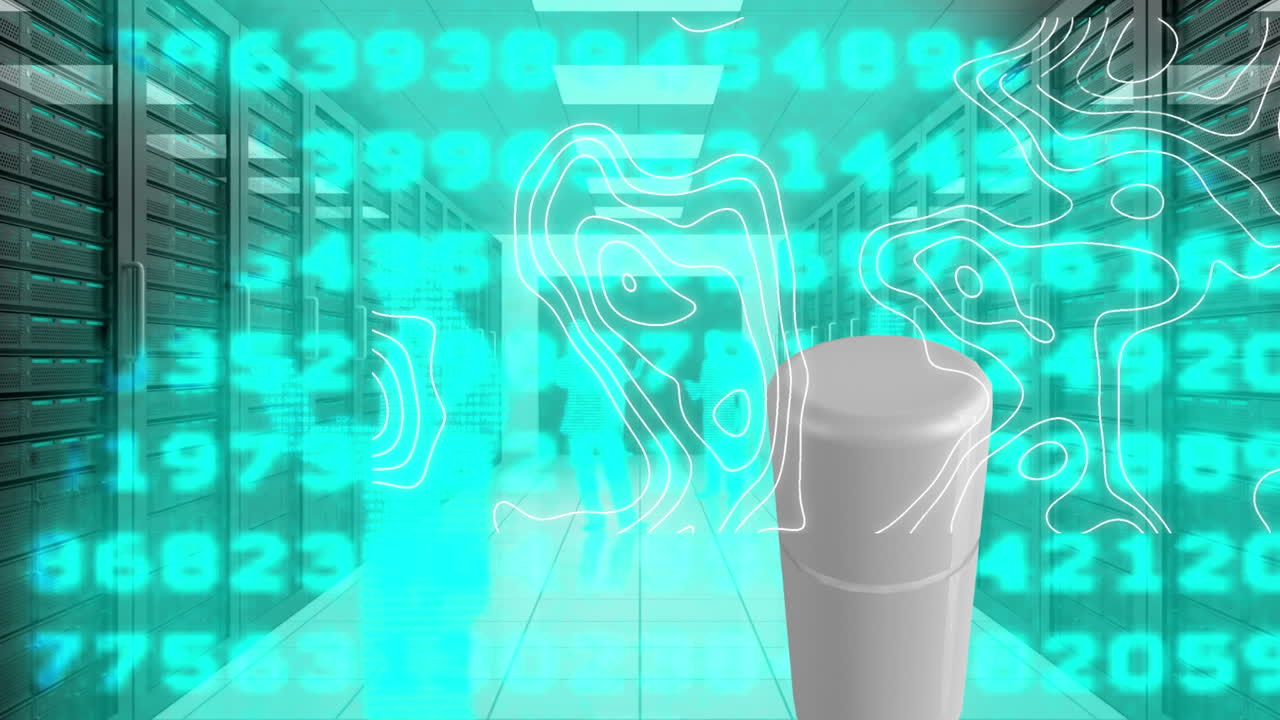 animación del procesamiento de datos y líneas blancas sobre el contenedor de crema y la sala de servidores