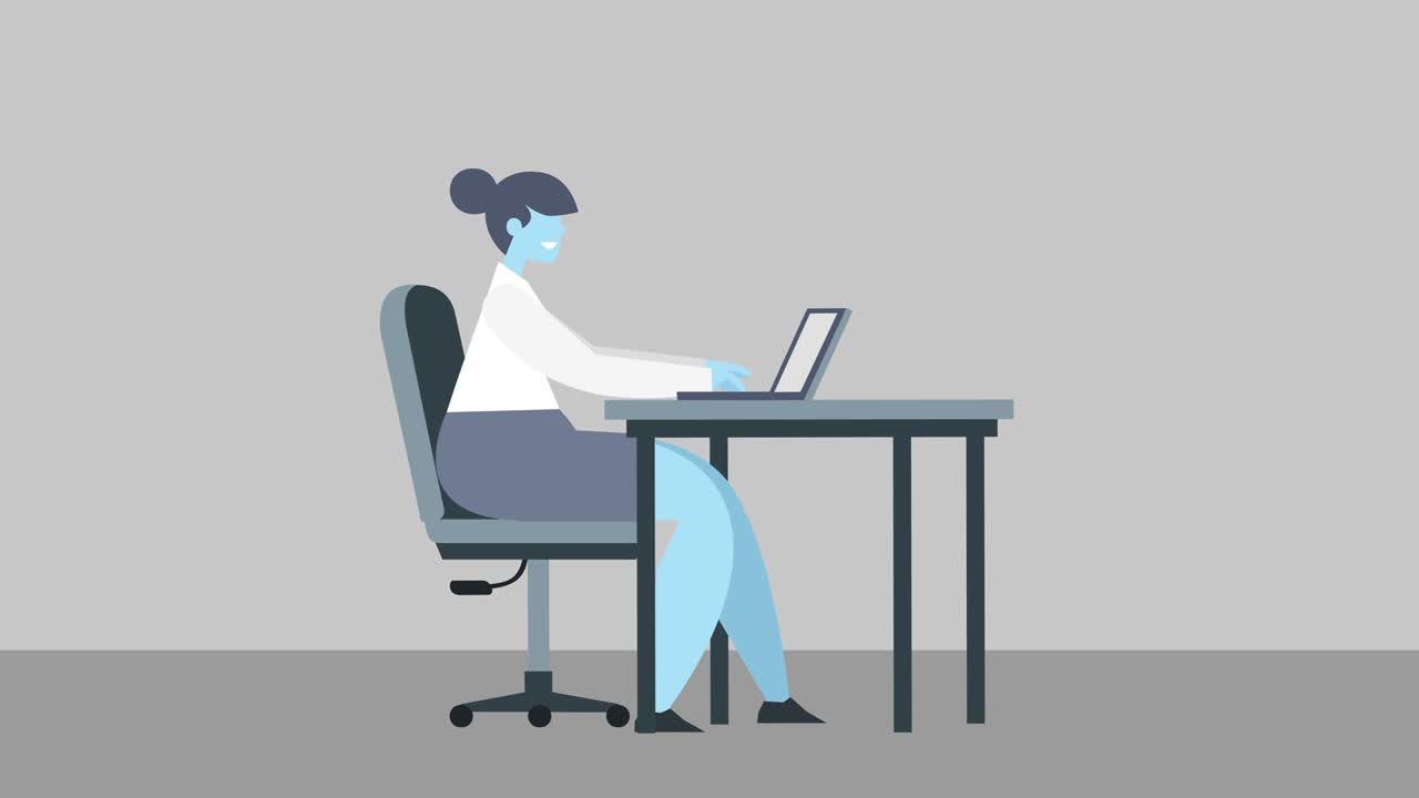 만화 여성 캐릭터 디자인 평평한 스타일 노트북 작업 장소에서 고립 된 2d 애니메이션.