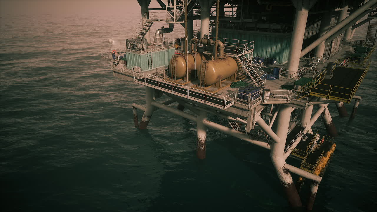 Olieplatform i drift på åbent hav under solnedgangen