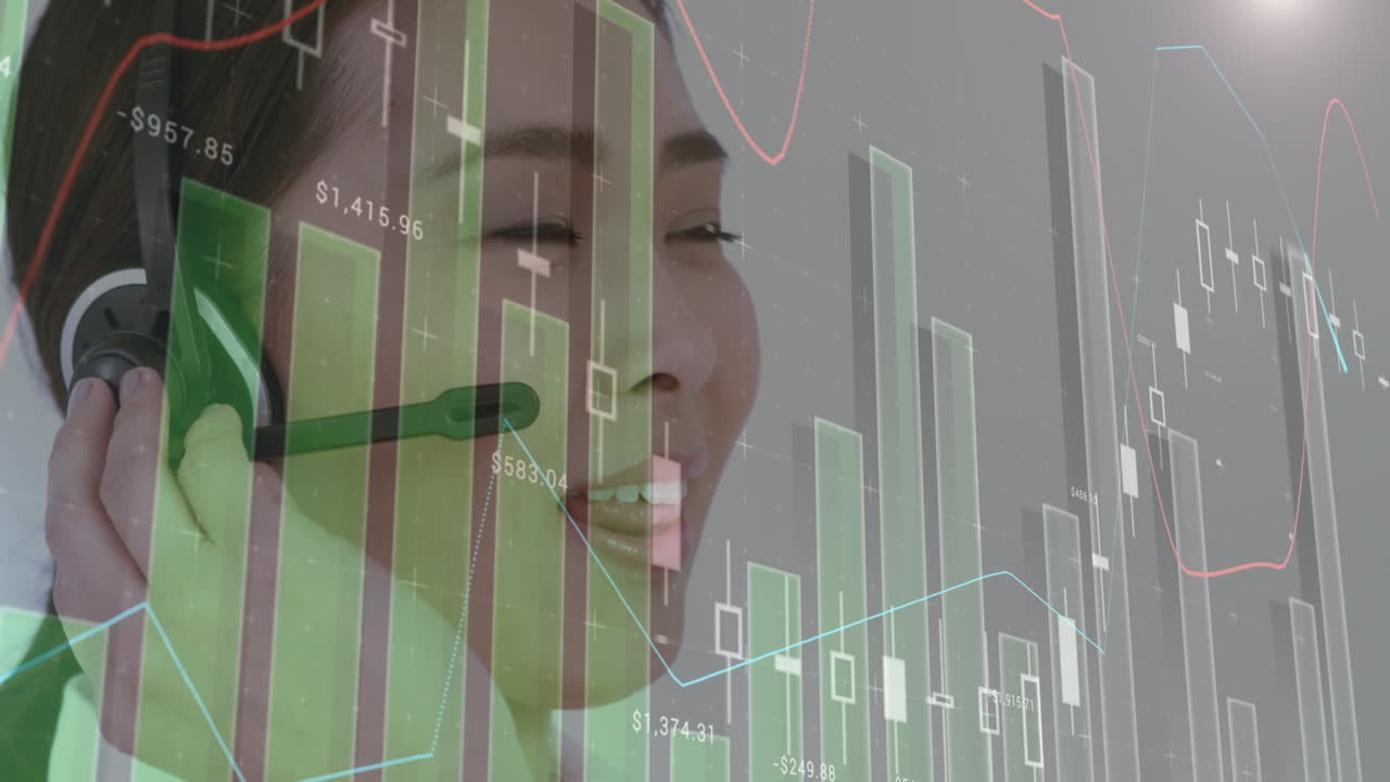 Animation of financial data processing over asian businesswoman with headset