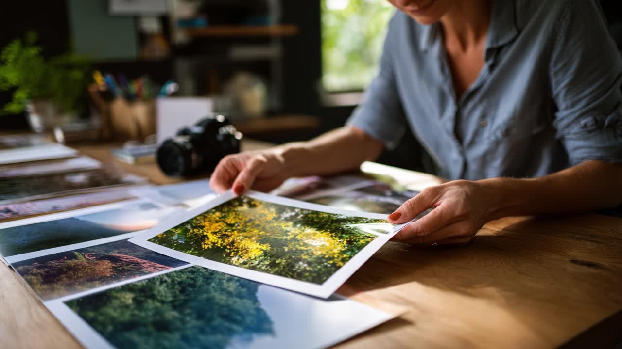 Un individuo creativo analizza e seleziona fotografie vivaci, seduto a un tavolo di legno, circondato da attrezzatura fotografica e ispirazioni artistiche.