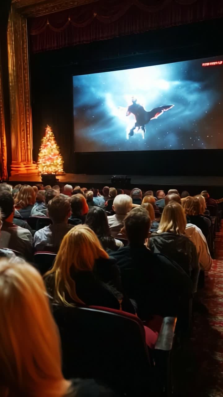 A Captivated Audience Gathers for a Cinematic Experience as an Exciting Adventure Unfolds on Screen, Framed by the Festive Ambiance of a Decorated Christmas Tree in a Historic Theatre
