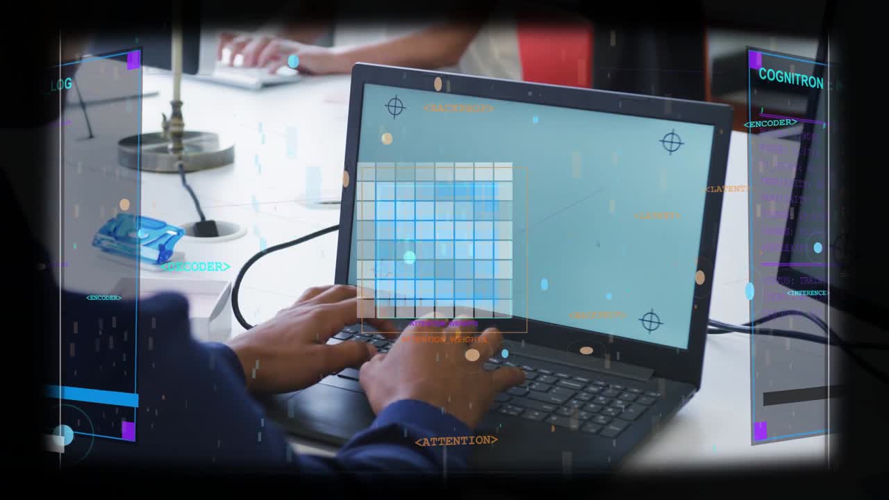 Woman typing on laptop in office, initiating HUD overlays and filling grid cells for tech