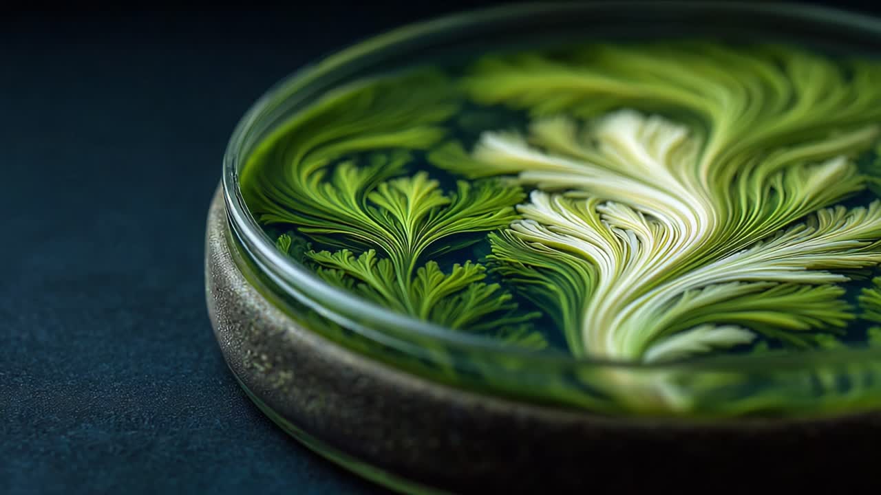 A Stunning Close-Up of Vibrantly Swirled Green Patterns in a Petri Dish, Showcasing the Intricate Beauty of Nature's Designs and Microbial Artistry
