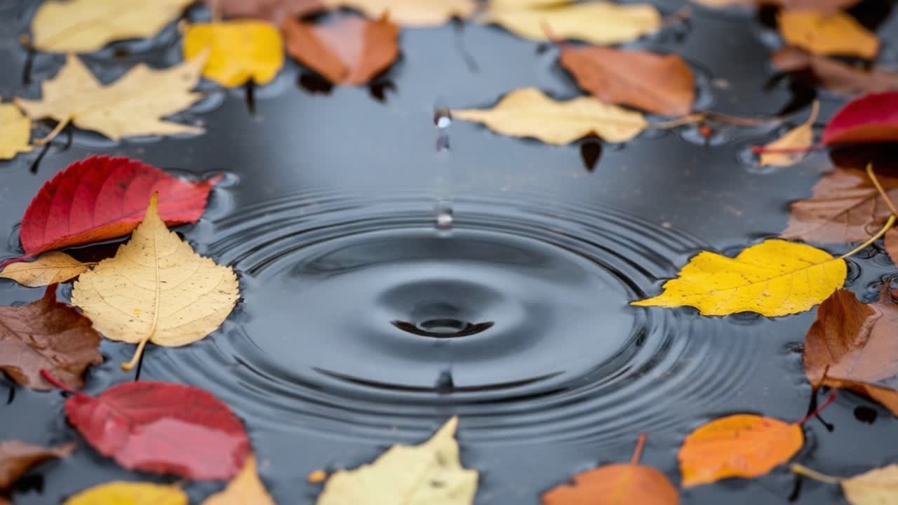 A Captivating Moment Captured: The Tranquil Interaction of Raindrops and Floating Autumn Leaves Creating Circular Ripples on a Calm Surface