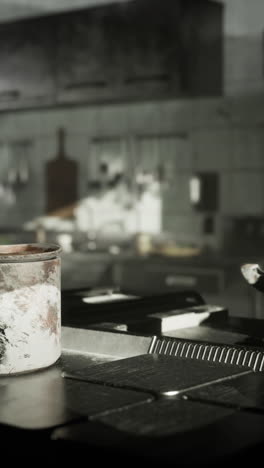 a dirty old pot sitting on a stainless steel stovetop in a worn kitchen