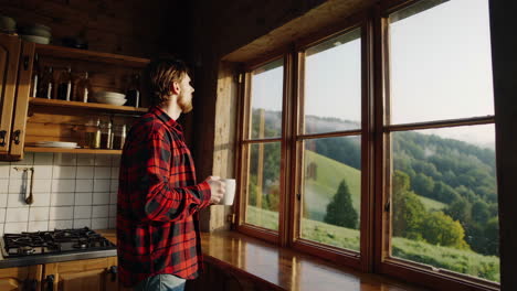 man drinking coffee and admiring mountain view from cabin window