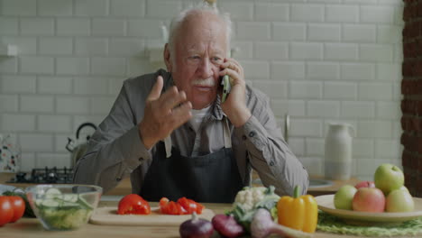 senior man talking on phone in kitchen