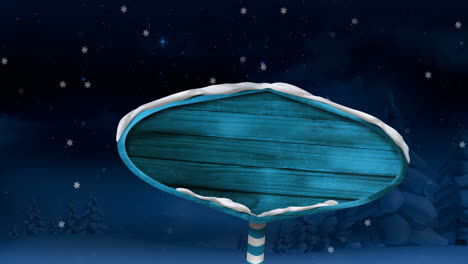 digital animation of blue wooden sign post against sky moving against winter landscape