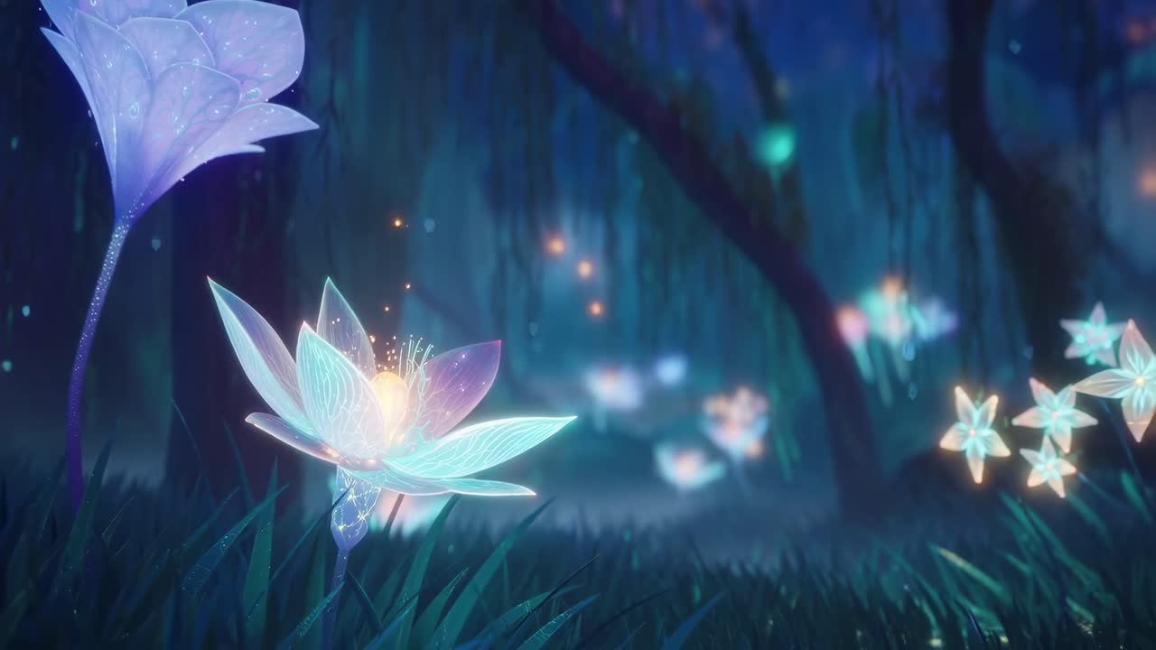 Scena magica di una foresta con fiori luminosi, scatto dal basso, stile video etereo, desktop Live