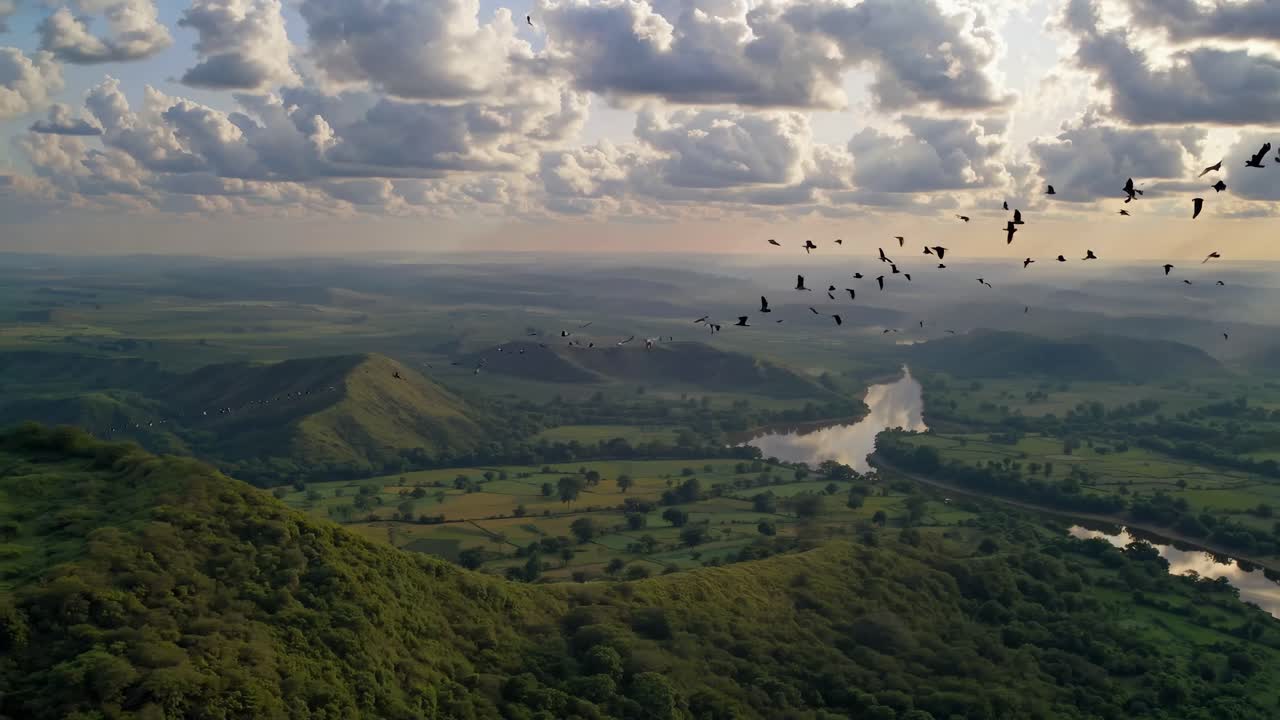 Aerial video captures a serene landscape with rolling hills, a winding river, and a flock of birds