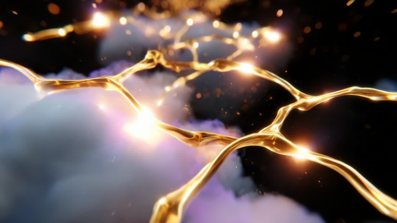 Un incantevole flusso di energia dorata: scie luminose accattivanti si fanno strada attraverso un mare di nuvole eteree in una straordinaria dimostrazione di movimento e profondità, creando un'esperienza visiva ipnotica