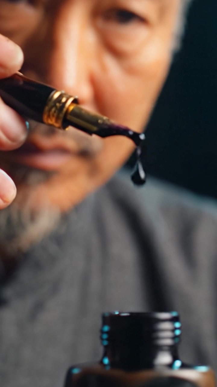 Un artigiano prepara con cura l'inchiostro usando una penna stilografica, mettendo in mostra i dettagli intricati dello strumento e l'arte coinvolta in questo meticoloso processo di scrittura.