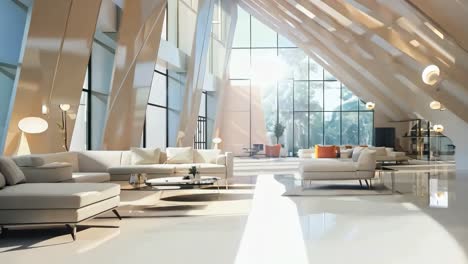 a living room filled with lots of white furniture and large windows