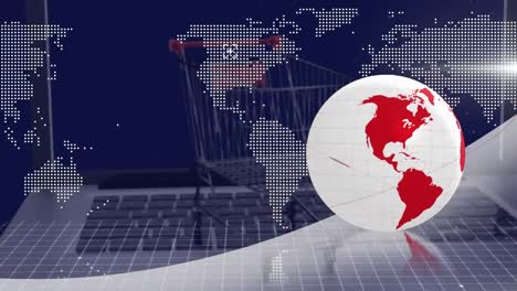 Animation-of-globe-and-world-map-over-shopping-cart