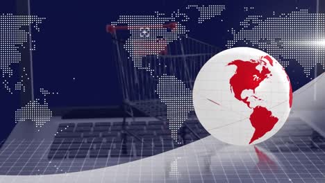 animation of globe and world map over shopping cart