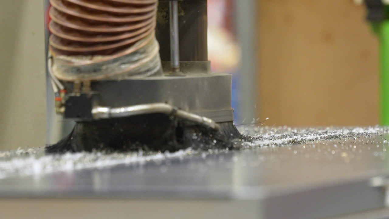 Close up of a CNC router bit with brush attachment carving through a wooden surface in a professional carpentry workshop