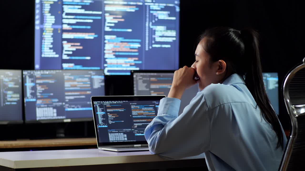 Back View Of Asian Female Programmer Yawning And Sleeping While Writing Code By A Laptop Using Multiple Monitors Showing Database On Terminal Window Desktops In The Office