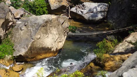 man jumps from a large rock into a river in oaxaca, mexico