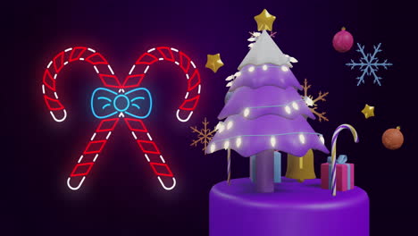 animación de bastones de caramelo sobre el árbol de navidad y decoraciones en fondo negro.