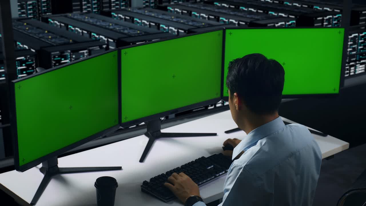vista trasera de un hombre asiático cansado bostezando mientras trabajaba con un simulacro de varios monitores de computadora en el centro de datos