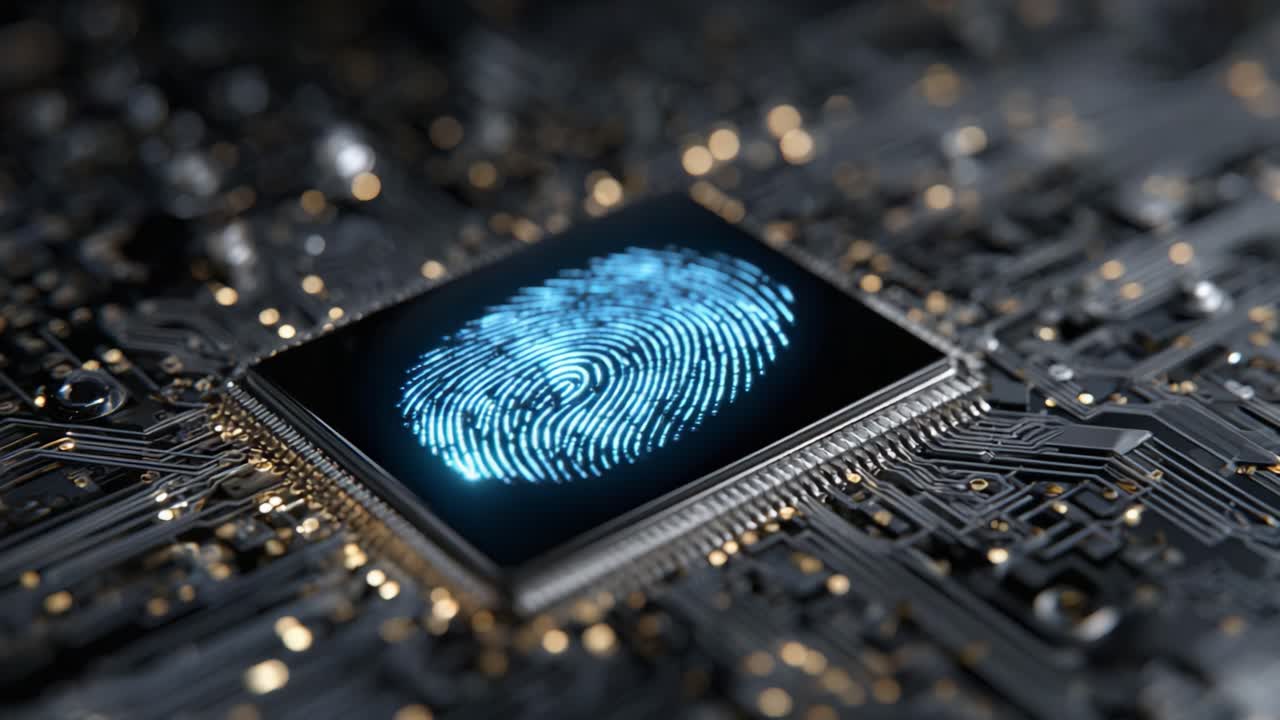 A High-Resolution Close-Up of a Circuit Board Featuring a Glowing Blue Fingerprint Sensor, Illustrating Advanced Technology and Security Applications in Modern Electronics