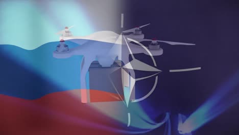 animation of drone with box over flags of russia and nato