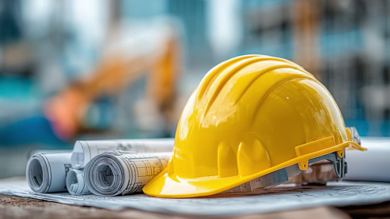 A Detailed Look at Construction Essentials: A Bright Yellow Hard Hat Next to Architectural Blueprints Set Against a Background of Ongoing Building Projects