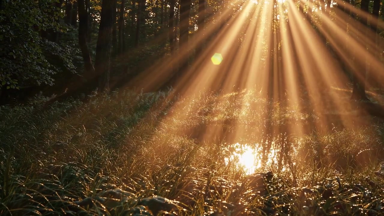Kultainen auringonvalo siivilöityy puiden läpi metsässä