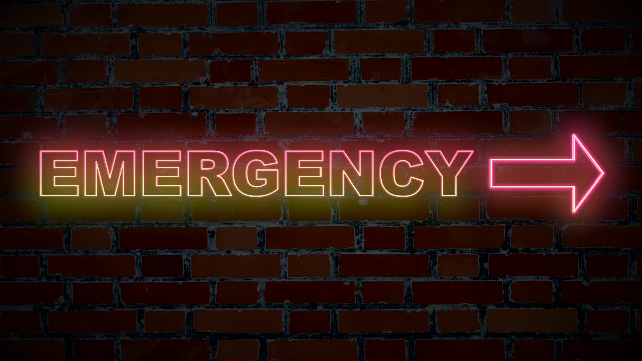 texto de señal de emergencia iluminado parpadeando en luces de neón con pared de ladrillo en el fondo